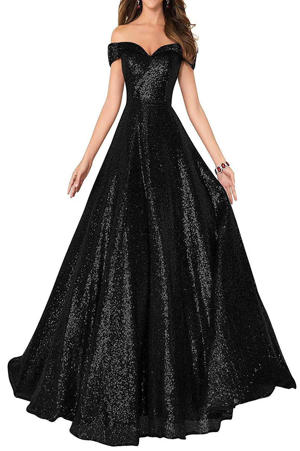 

فسات اسرة Women's Long Off Shoulder Prom Dress 2020 Sparkly Sequins Evening Party Ball Gown плае для свадебной вееѬинки